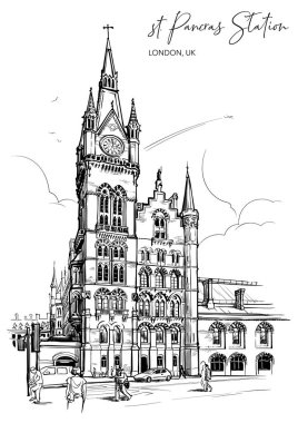 St. Pancras railway station, London, UK. Engraving style sketch.
