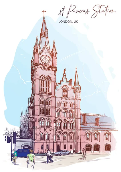 St. Pancras railway station, London, UK. Watercolor painted sketch — Stockvector