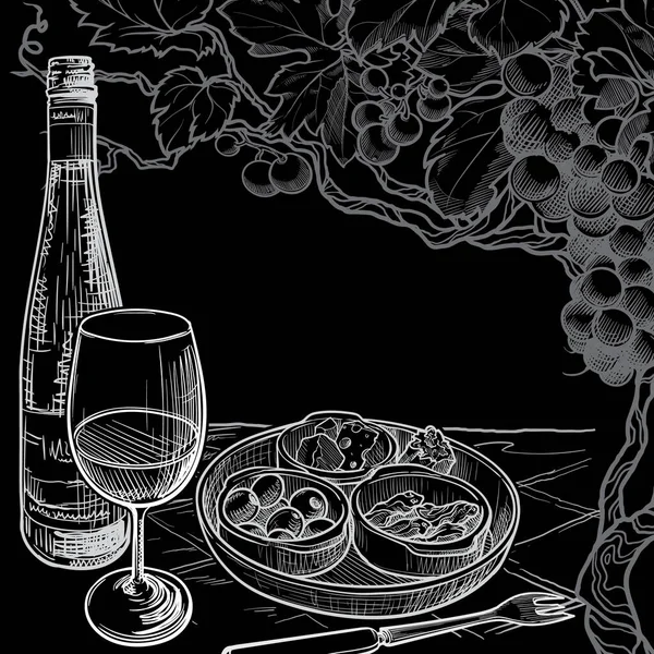 Desenho de vida. Uma mesa de café servida para degustação de vinhos com uma garrafa de vinho e lanches. Modelo para um menu de restaurante . —  Vetores de Stock