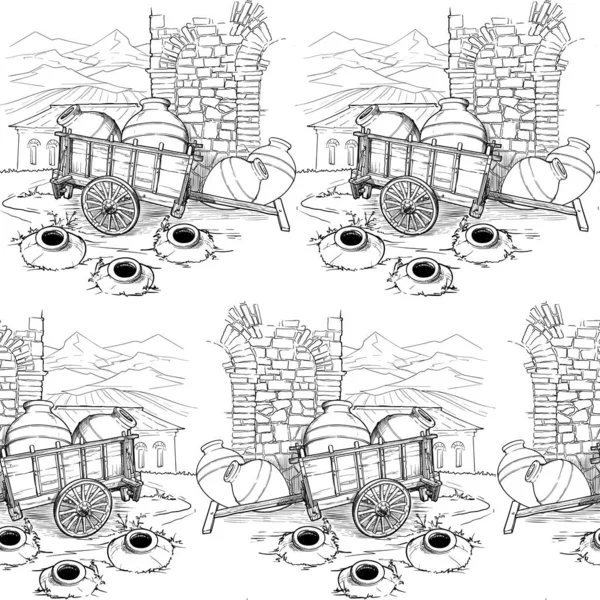 Vigneto tradizionale georgiano con kvevri. Panorama di campagna su uno sfondo. Modello senza cuciture in stile schizzo bianco e nero . — Vettoriale Stock
