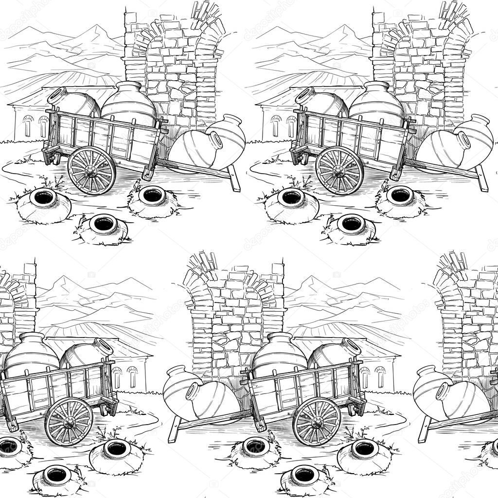 Georgian traditional vineyard with kvevri. Countriside panorama on a background. Black and white sketch style seamless pattern.