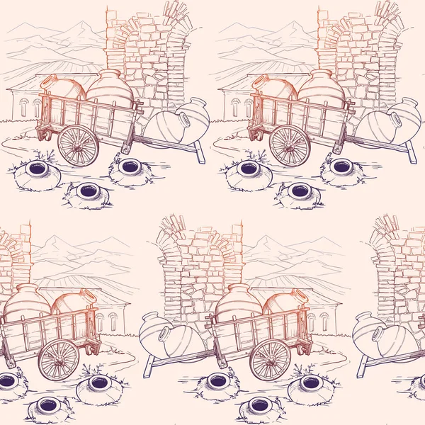 Vigneto tradizionale georgiano con kvevri. Panorama di campagna su uno sfondo. Modello senza cuciture in stile schizzo bianco e nero . — Vettoriale Stock