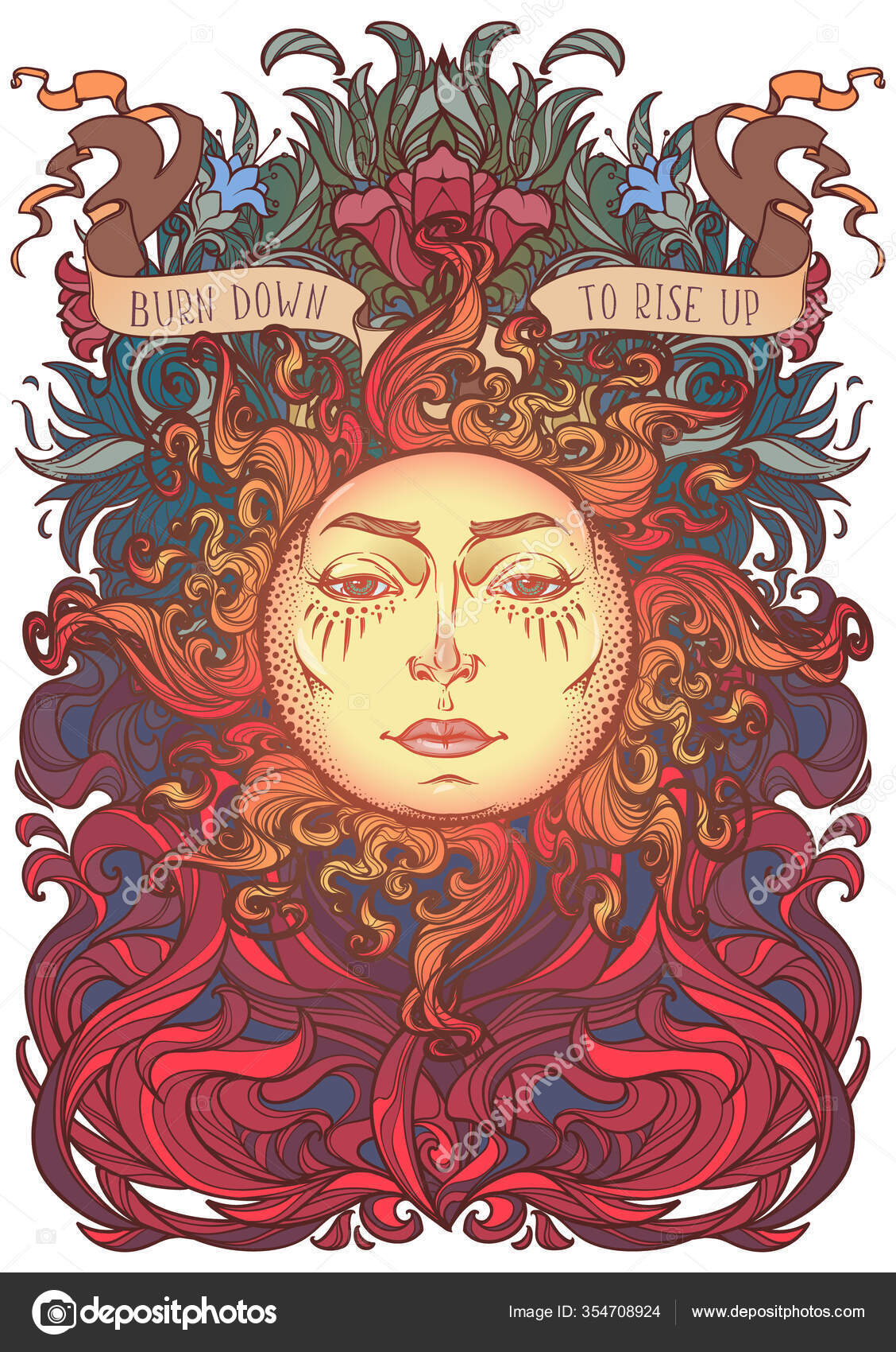 Colourfull and intricate drawing of a sun with a human face on a