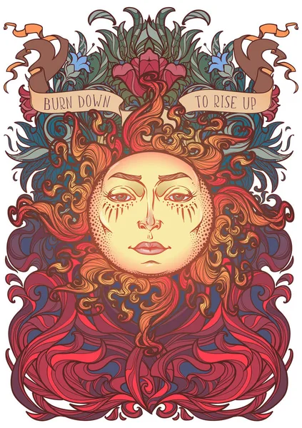 Farbenfrohe und komplexe Zeichnung einer Sonne mit menschlichem Antlitz auf einem dekorativen Flammen- und Pflanzenschmuck mit Motivationsmotto — Stockvektor