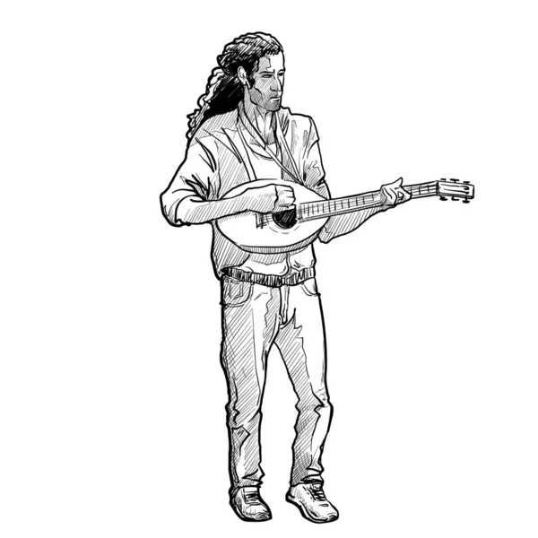 Молодий білий чоловік з довгим волоссям грає на мандоліні. Повний вигляд спереду тіла . — стоковий вектор