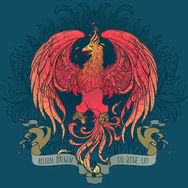 Kleurrijke en ingewikkelde tekening van de legendarische Phoenix vogel op een decoratieve vlammen en planten ornament met een motivatie motto. — Stockvector