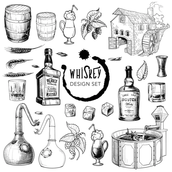 Zestaw elementów projektowych związanych z whiskey. Przydatne do baru lub gorzelni marki i dekoracji — Wektor stockowy