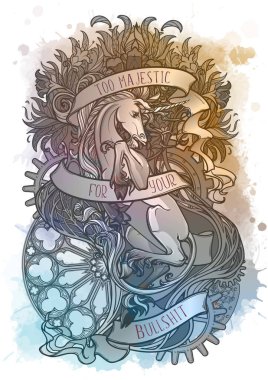 Intricate drawing of hte legendary Unicorn placed on a grunge watercolor texture. clipart