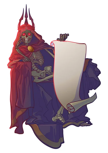 Número de mortos. Esqueleto humano envolto em manto com capuz e uma coroa sentada em um trono segurando um pergaminho em branco . — Vetor de Stock
