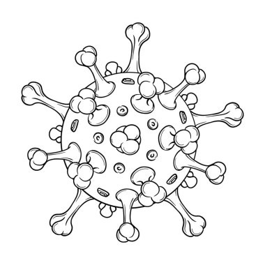 SARS-CoV-2 virion şematik sunumu. COVID-19 bulaşıcı madde. Beyaz arkaplanda siyah çizgi çizimi izole edildi.