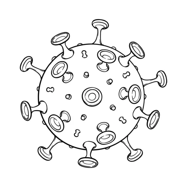SARS-CoV-2ビリオン回路図表示.COVID-19感染剤。白地に隔離された黒線画. — ストックベクタ