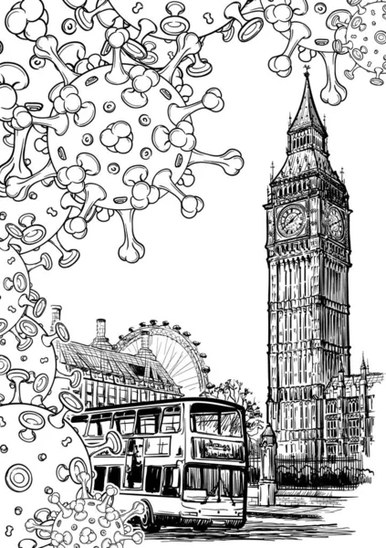 Nationell karantänbakgrund. London ikonisk vy med Big Ben och doubledecker buss med coronavirus partiklar. — Stock vektor