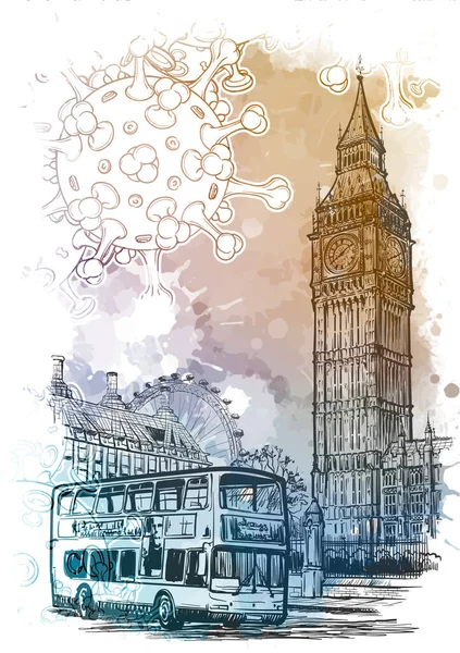 Nationale quarantaine achtergrond. London Iconic view met Big Ben en dubbeldekker bus met coronavirus deeltjes. — Stockvector