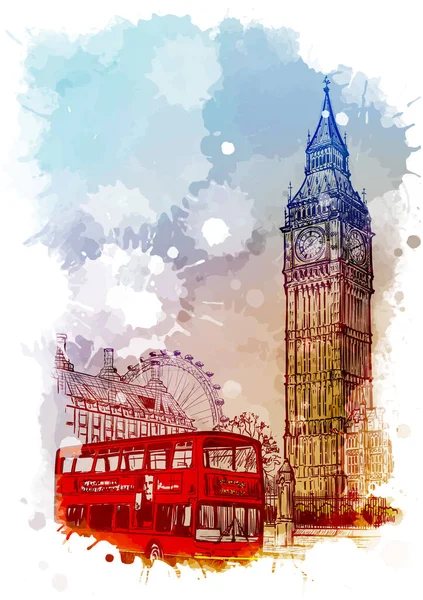 Parliament Square, Westminster, Londen, Verenigd Koninkrijk. Lineaire schets op een waterkleur textuur achtergrond. — Stockvector