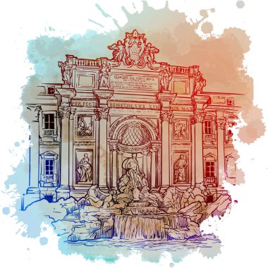The Trevi Fountain in Rome, Italy. Vintage design. Linear sketch on a watercolor textured background clipart