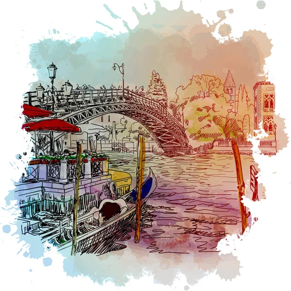 Street view with chanell, pier and bridge over a chanell in Veniece, Italy. Vintage design. Linear sketch on a watercolor textured background — Stock Vector