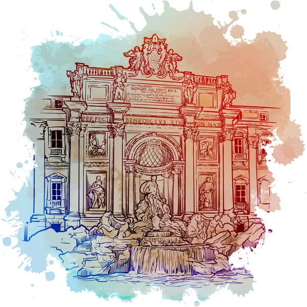 The Trevi Fountain in Rome, Italy. Vintage design. Linear sketch on a watercolor textured background — Stock Vector