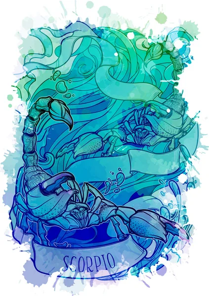 Zodiákus jele a Skorpiónak, a víz elemének. Bonyolult lineáris rajz akvarell texturált háttér. — Stock Vector