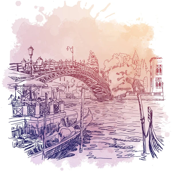 Street view with chanell, pier and bridge over a chanell in Veniece, Ιταλία. Εκλεπτυσμένο σχέδιο. Γραμμικό σκίτσο σε φόντο με ακουαρέλα — Διανυσματικό Αρχείο
