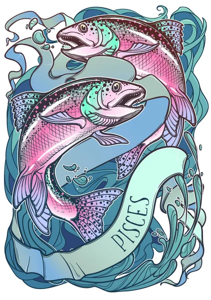 Знак зодиака Рыб, элемент воды. Сложный линейный рисунок на акварельном текстурированном фоне . — стоковый вектор