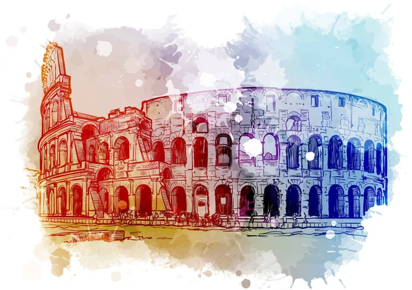 Coliseum in Rome, Italy. Vintage design. Linear sketch on a watercolor textured background — Stock Vector