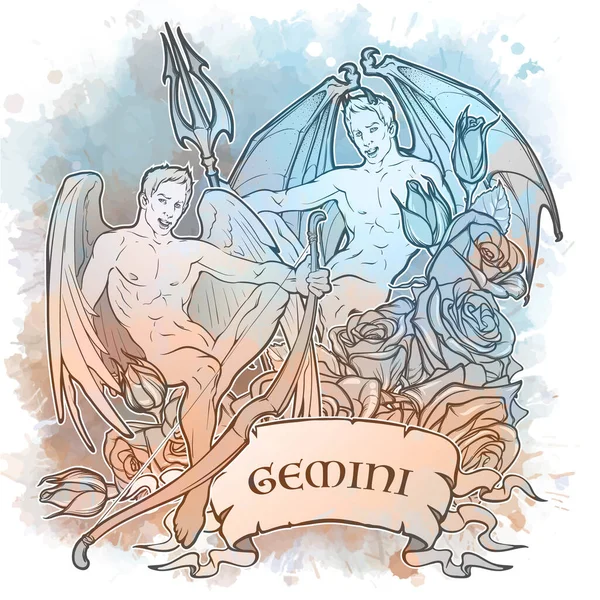 Zodiac tecken på Gemini, inslag av luft. Intrikatera linjär ritning på akvarell texturerad bakgrund. — Stock vektor