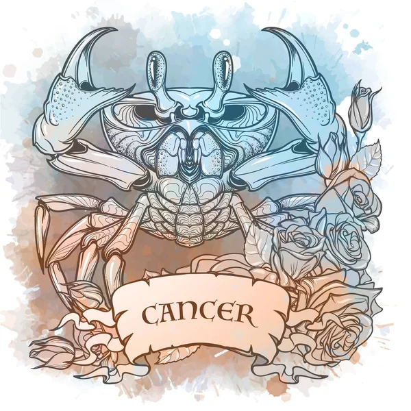 Signo do zodíaco de Cancro, elemento de Água. Desenho linear intricado em fundo texturizado aquarela . —  Vetores de Stock