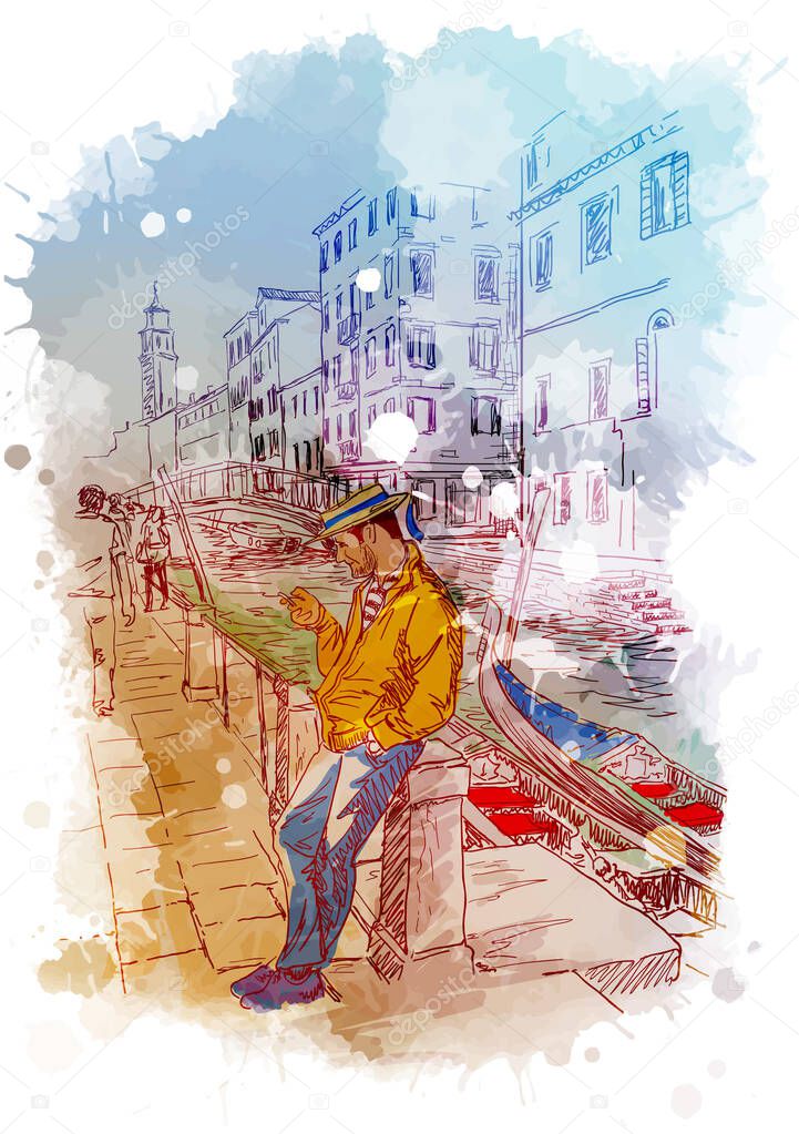 Street scene with Gondolier in Veniece, Italy.