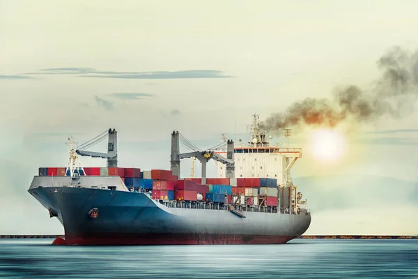 International Container Cargo ship in the ocean as sunset sky