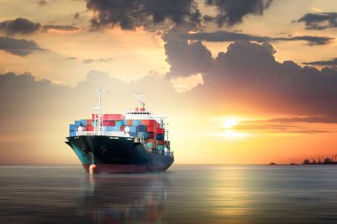 International Container Cargo ship in the ocean as sunset sky clipart