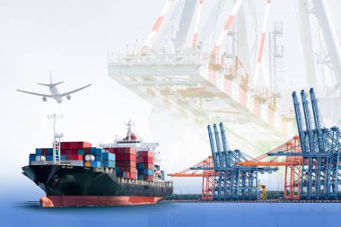 Container cargo ship and cargo plane with port crane bridge in harbor clipart