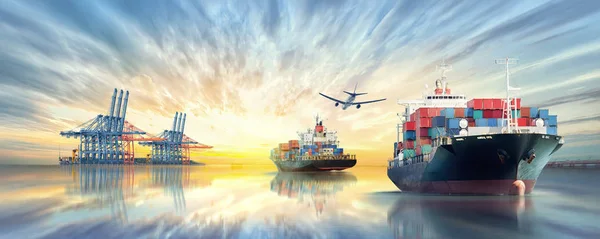 Logistics and transportation of International Container Cargo ship and cargo plane — Stock Photo, Image