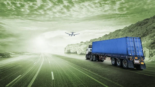 Βιομηχανία διοικητικών μεριμνών εισαγωγής εξαγωγής υπόβαθρο και μεταφοράς εμπορευματοκιβωτίων φορτηγό στο δρόμο — Φωτογραφία Αρχείου