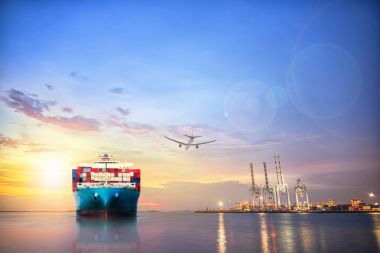 Logistics and transportation of International Container Cargo ship and cargo plane in the ocean at twilight sky, Freight Transportation, Shipping clipart