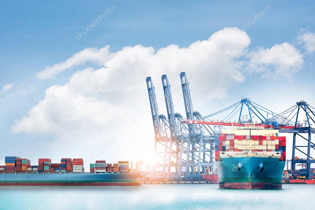 Logistics and transportation of International Container Cargo ship and cargo plane in the ocean, Freight Transportation, Shipping