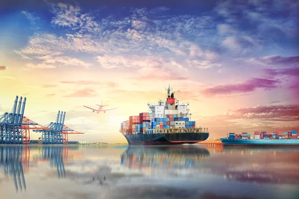 Logistics and transportation of International Container Cargo ship and cargo plane in the ocean — Stock Photo, Image