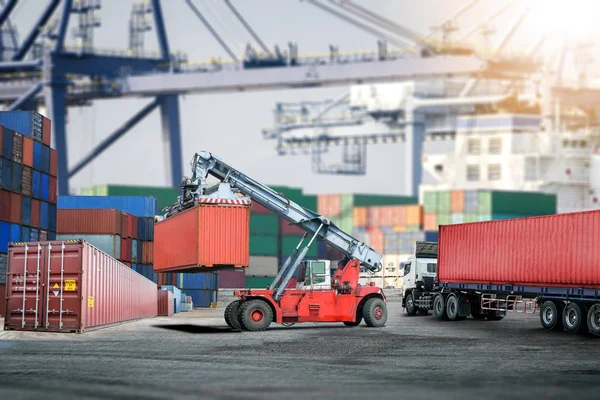 Logistics import export background and transport industry of forklift handling container box loading at port — Stock Photo, Image