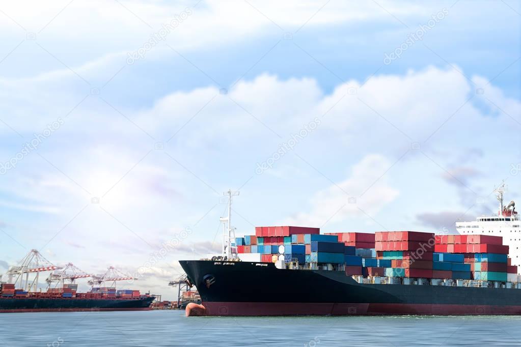 Logistics import export background of Container Cargo ship in seaport on blue sky, Freight Transportation
