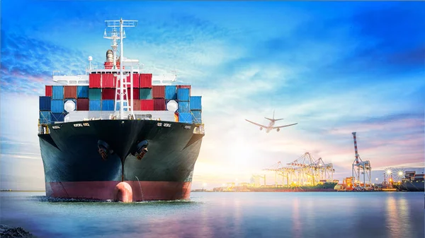 Logistics Transportation International Container Cargo Ship Cargo Plane Ocean Twilight — Stock Photo, Image