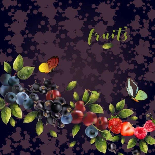 Реалістичні ягоди на темно-фіолетовому абстрактному фоні . — стоковий вектор