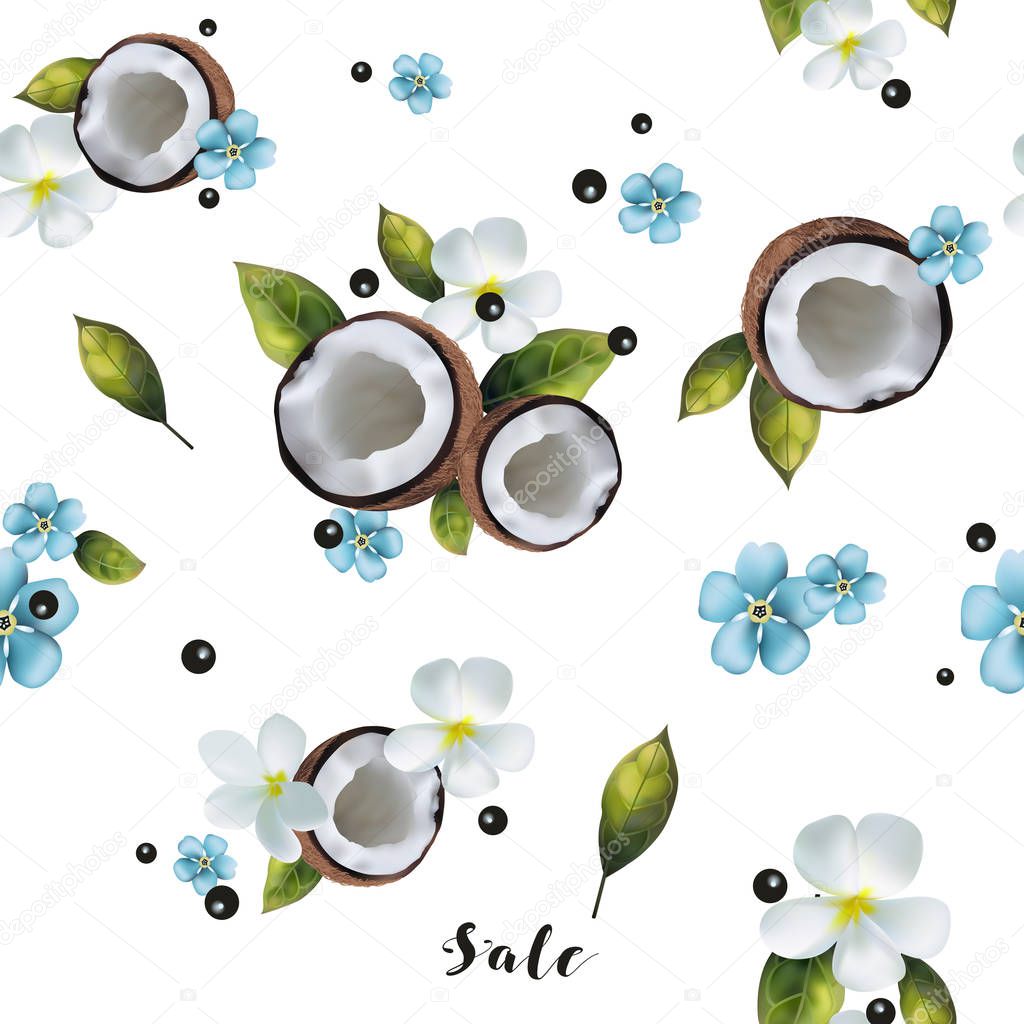 Seamless background with the image of coconuts and blue flowers.