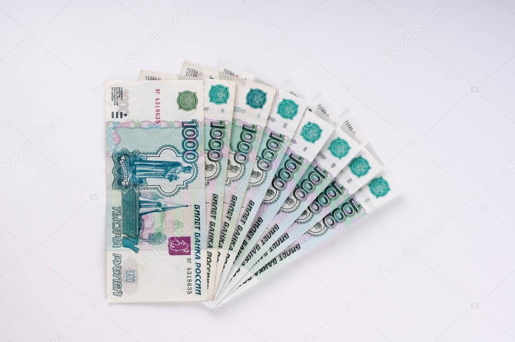 A stack of thousand-ruble banknotes, spread out money. Russian c