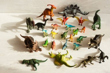 Cheboksary, Chuvashia/ Russia - June 15 2019: plastic dinosaur figures of extinct ancient creatures and  favorite toys of kids