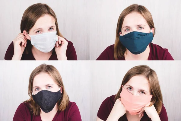 collage of 4 portraits of the same woman in different handmade and protection medical surgical  face  masks against coronavirus.  oronavirus preventive gear