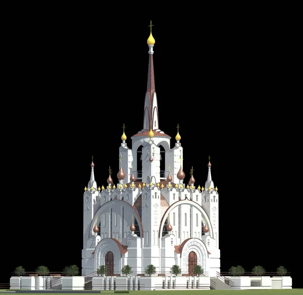 Христианская Церковь с приходским комплексом в подвале, со шпилями и колокольней на черном фоне — стоковое фото