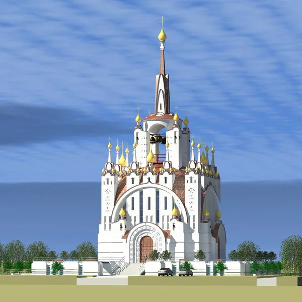 Современная православная церковь с колокольней и шпилем против голубого неба и деревьев — стоковое фото