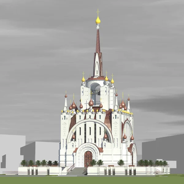 Современная православная церковь с колокольней и шпилем против серого неба и здания — стоковое фото