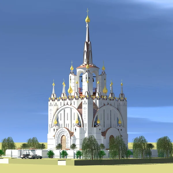 Современная православная церковь с колокольней и шпилем против голубого неба и деревьев — стоковое фото