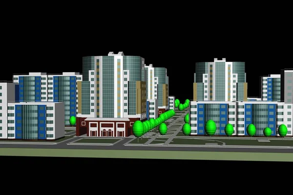 Model dzielnicy mieszkaniowej na czarnym tle — Zdjęcie stockowe