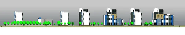 side panorama of residential buildings along the road. Model.